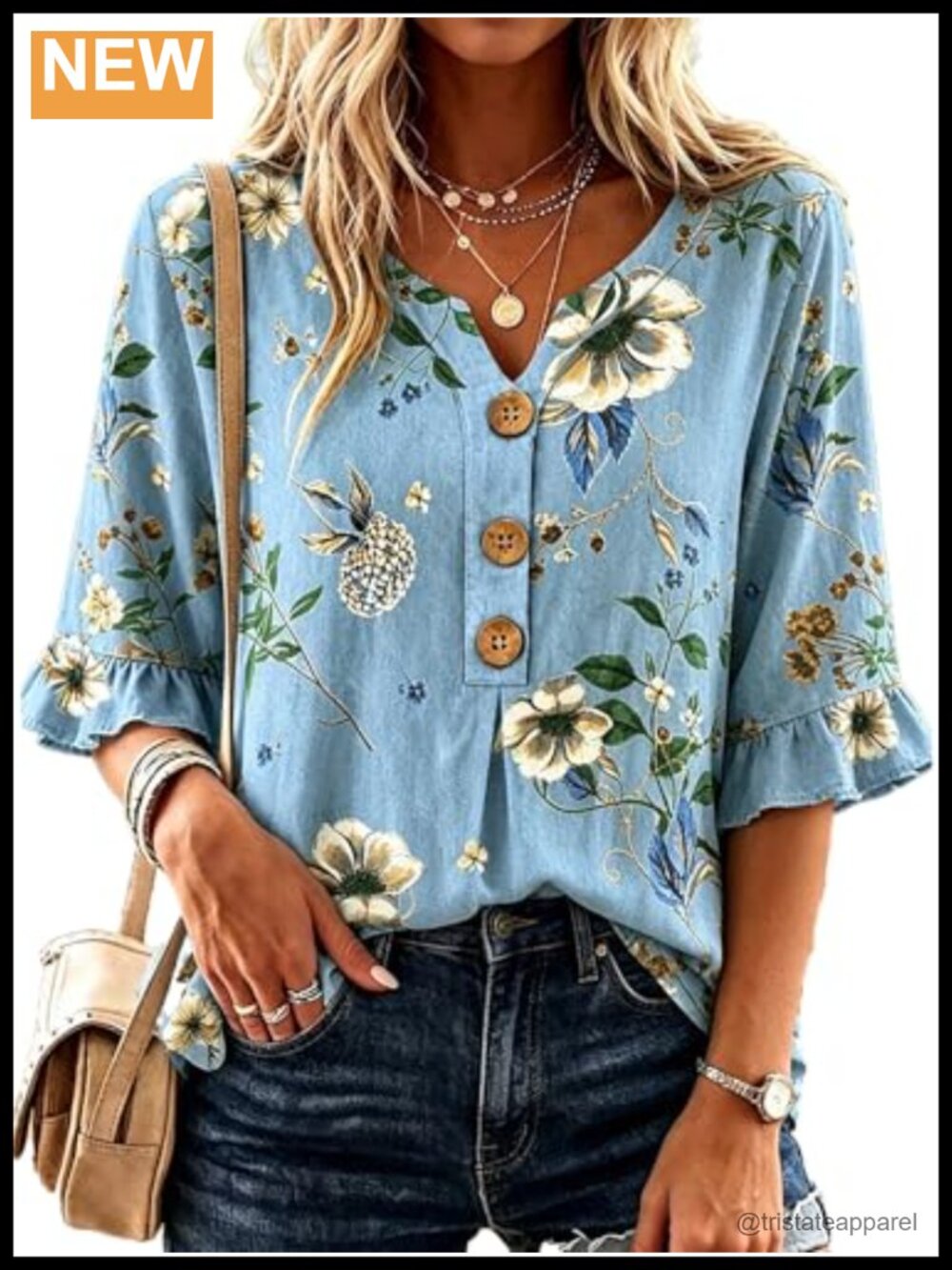 Womens V-Neck Ruffle Sleeve Floral Blouse Relaxed Fit Button Front Lyocell